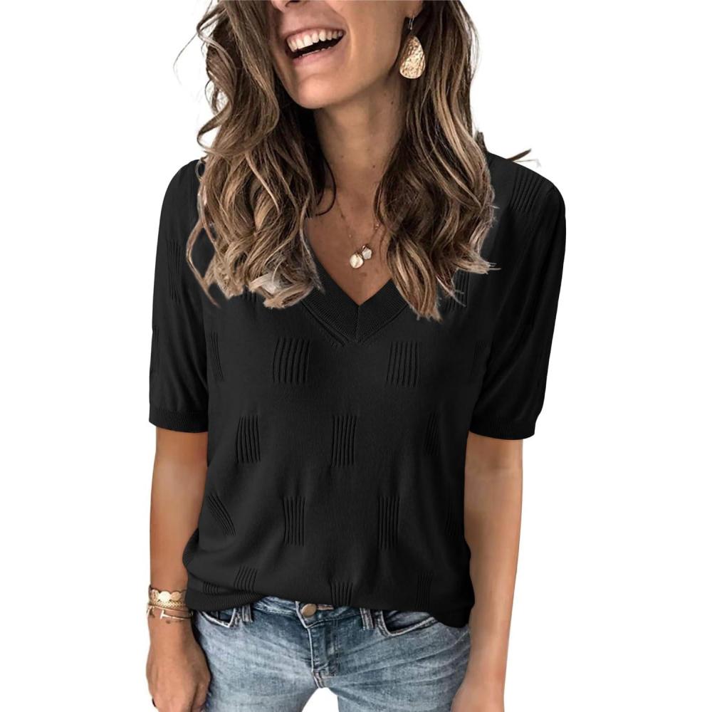 imageArachampCloz Womens Lightweight Fall Sweater Tops Casual Short Sleeve Blouses ShirtsAzblack