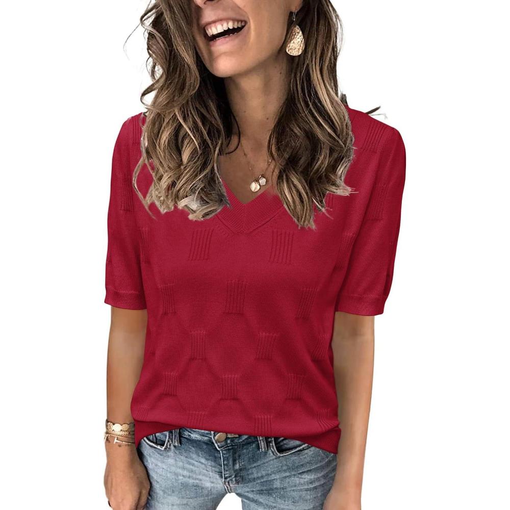 imageArachampCloz Womens Lightweight Fall Sweater Tops Casual Short Sleeve Blouses ShirtsBred