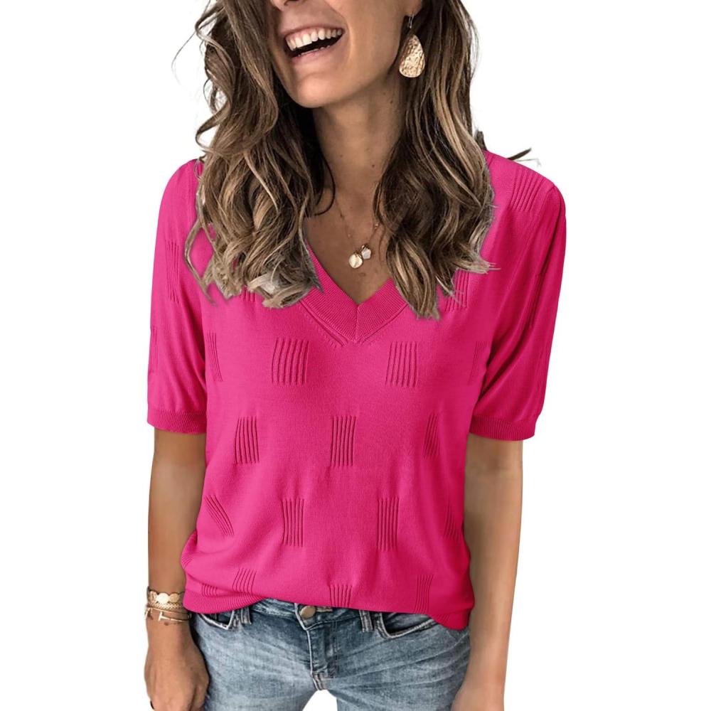 imageArachampCloz Womens Lightweight Fall Sweater Tops Casual Short Sleeve Blouses ShirtsHot Pink