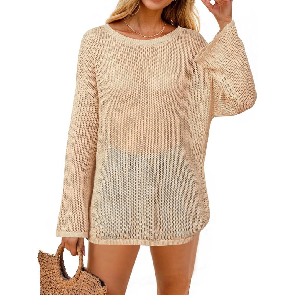 imageArachampCloz Womens Linen Summer Fall Lightweight Crochet Tops Beach Cover Up 2025Apricot