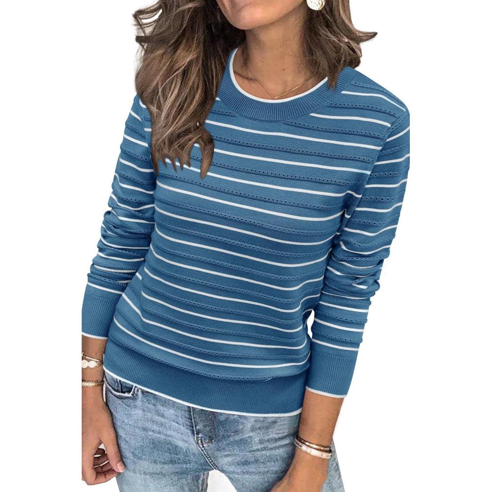 imageArachampCloz Womens Soft Knit Sweater Fall Dressy Casual Pullover TopsStriped Blue White