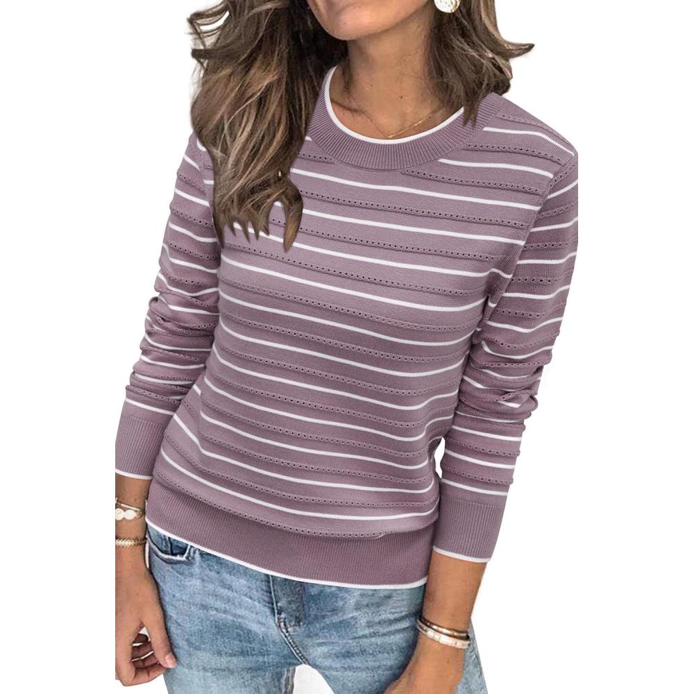 imageArachampCloz Womens Soft Knit Sweater Fall Dressy Casual Pullover TopsStriped Purple White