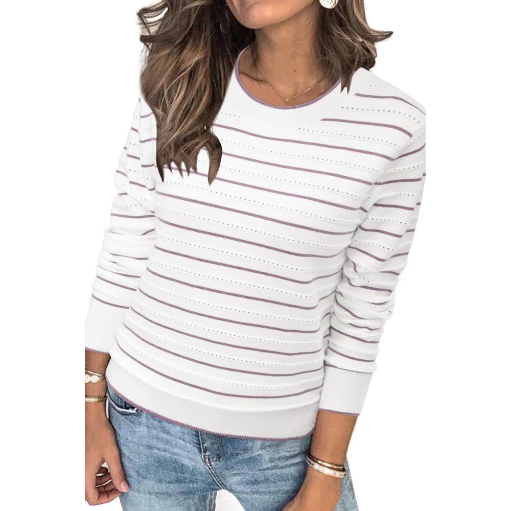 imageArachampCloz Womens Soft Knit Sweater Fall Dressy Casual Pullover TopsStriped White Purple