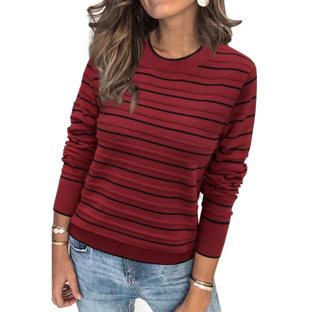 imageArachampCloz Womens Soft Knit Sweater Fall Dressy Casual Pullover TopsStriped Wine Black