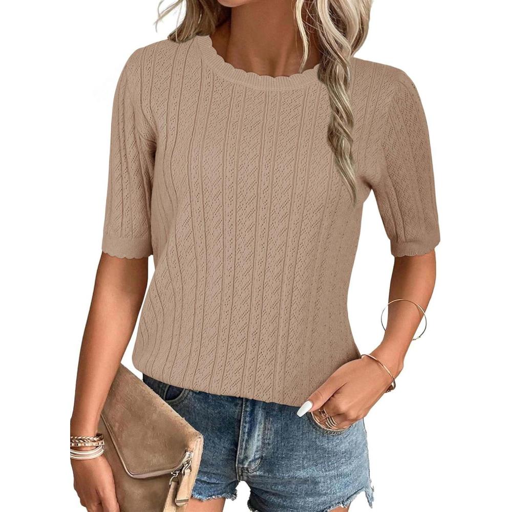 imageArachampCloz Womens Spring Summer Scalloped Short Sleeve Tops Textured ShirtsApricot
