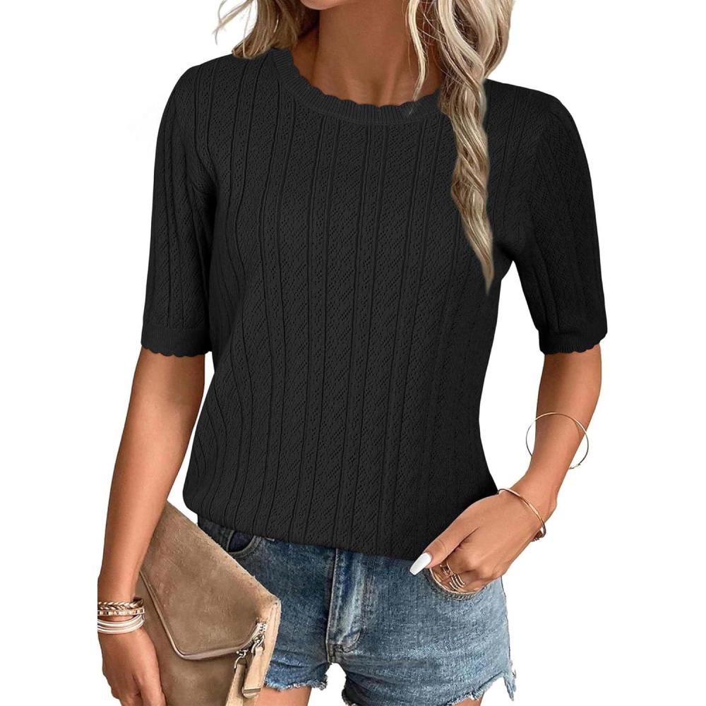 imageArachampCloz Womens Spring Summer Scalloped Short Sleeve Tops Textured ShirtsBlack