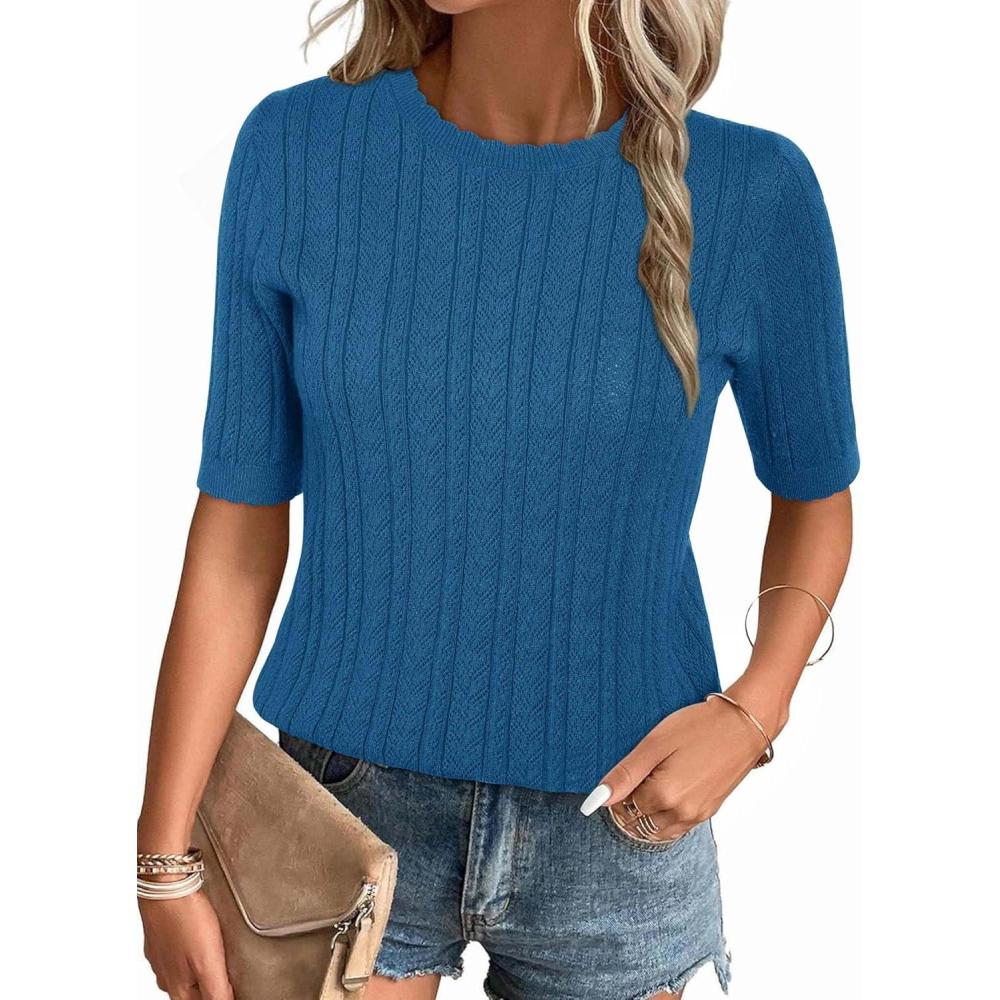 imageArachampCloz Womens Spring Summer Scalloped Short Sleeve Tops Textured ShirtsBlue