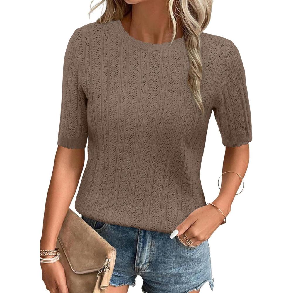 imageArachampCloz Womens Spring Summer Scalloped Short Sleeve Tops Textured ShirtsCoffee