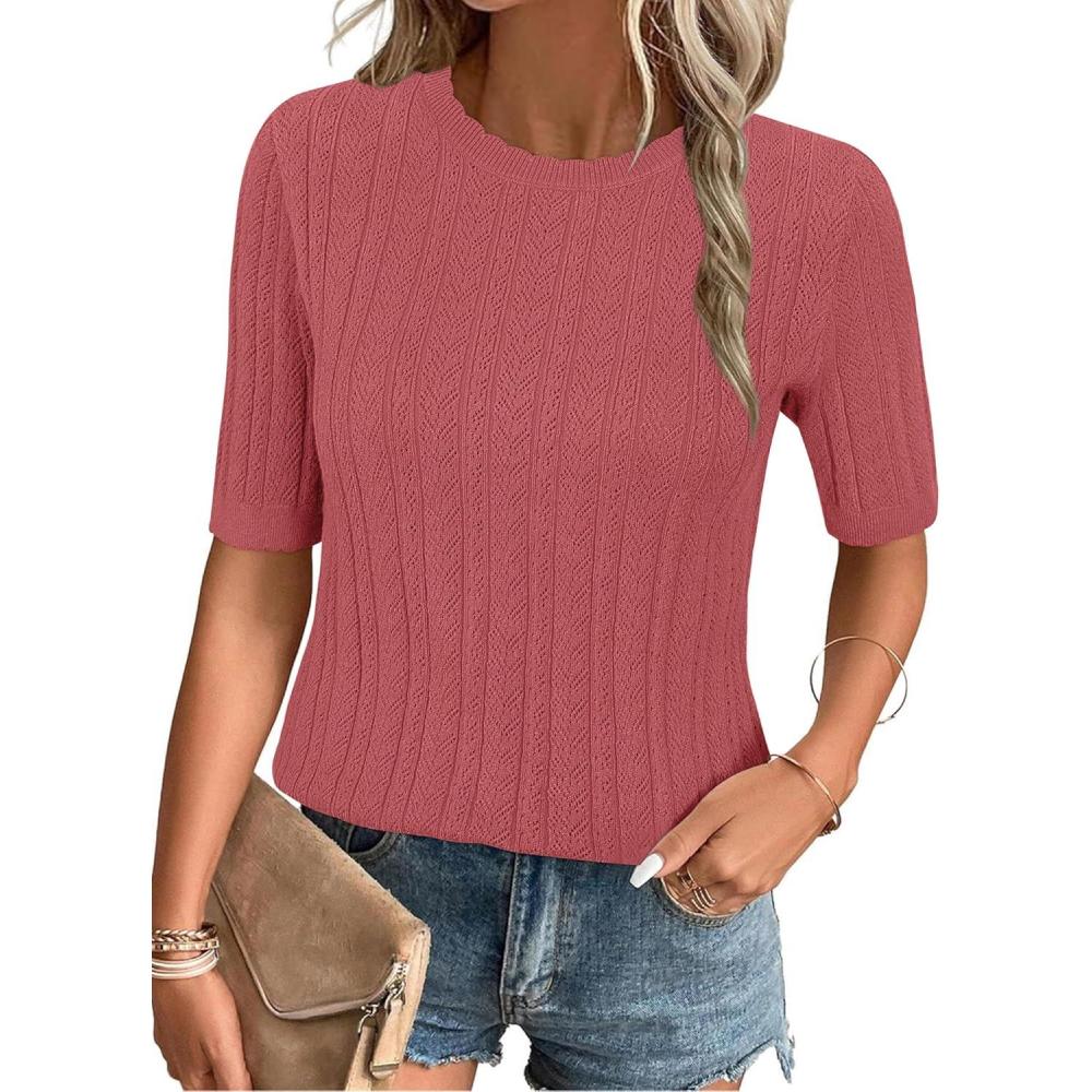 imageArachampCloz Womens Spring Summer Scalloped Short Sleeve Tops Textured ShirtsDusty Red