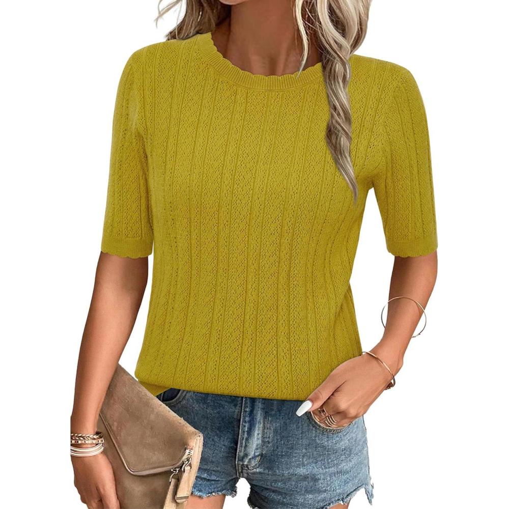 imageArachampCloz Womens Spring Summer Scalloped Short Sleeve Tops Textured ShirtsGold Palm