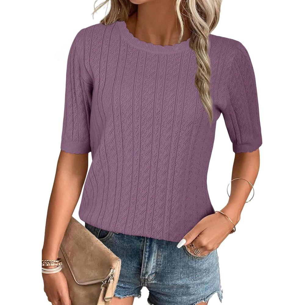 imageArachampCloz Womens Spring Summer Scalloped Short Sleeve Tops Textured ShirtsGray Purple
