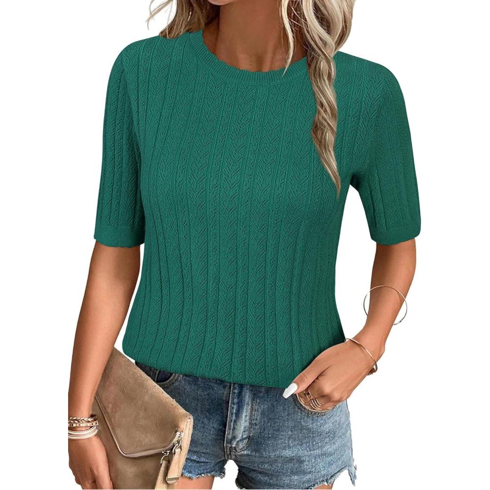 imageArachampCloz Womens Spring Summer Scalloped Short Sleeve Tops Textured ShirtsGreen