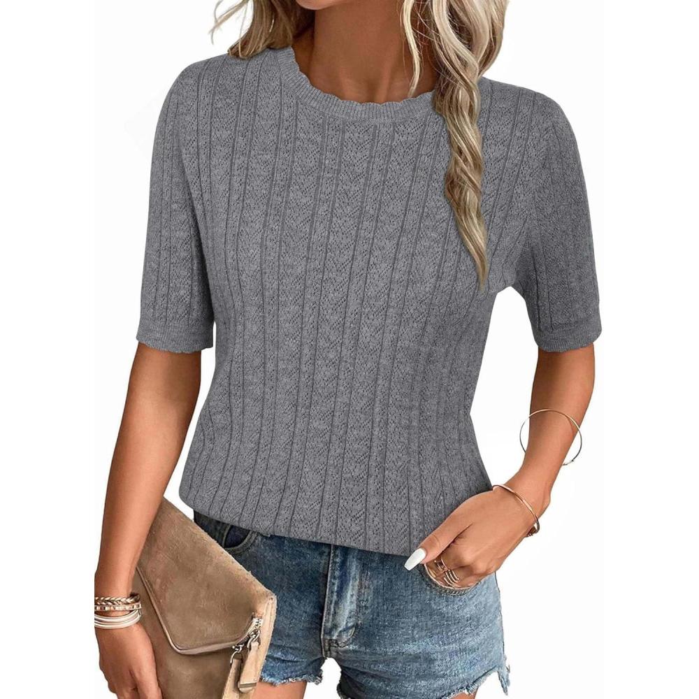 imageArachampCloz Womens Spring Summer Scalloped Short Sleeve Tops Textured ShirtsGrey