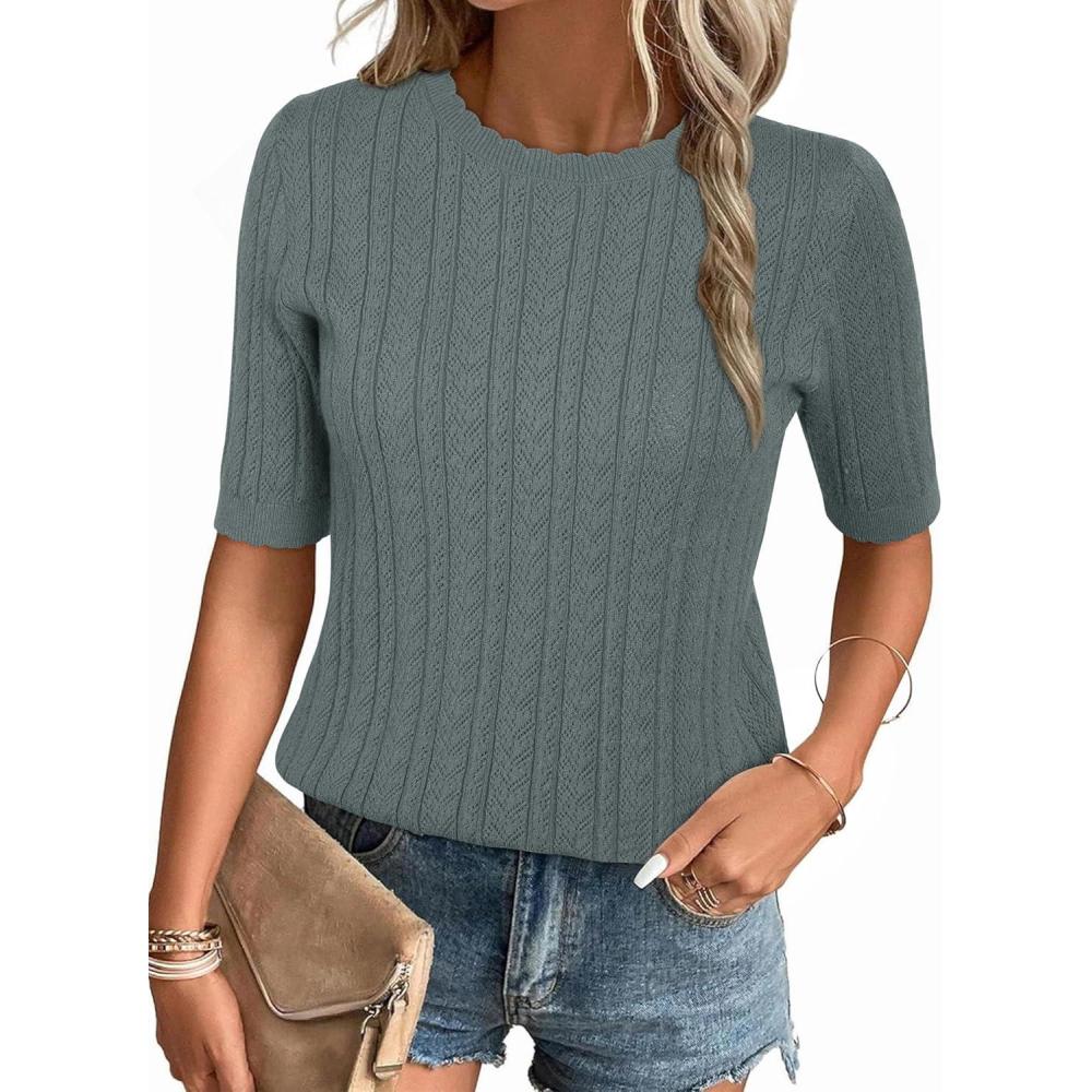 imageArachampCloz Womens Spring Summer Scalloped Short Sleeve Tops Textured ShirtsGrey Green