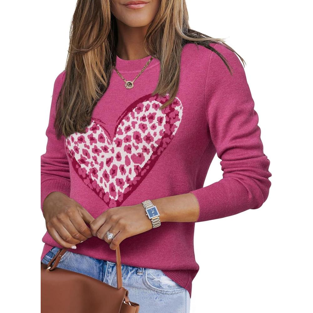 imageArachampCloz Womens Wool Blend Classic Crew Neck Casual Fall SweatersRose Leopard Heart