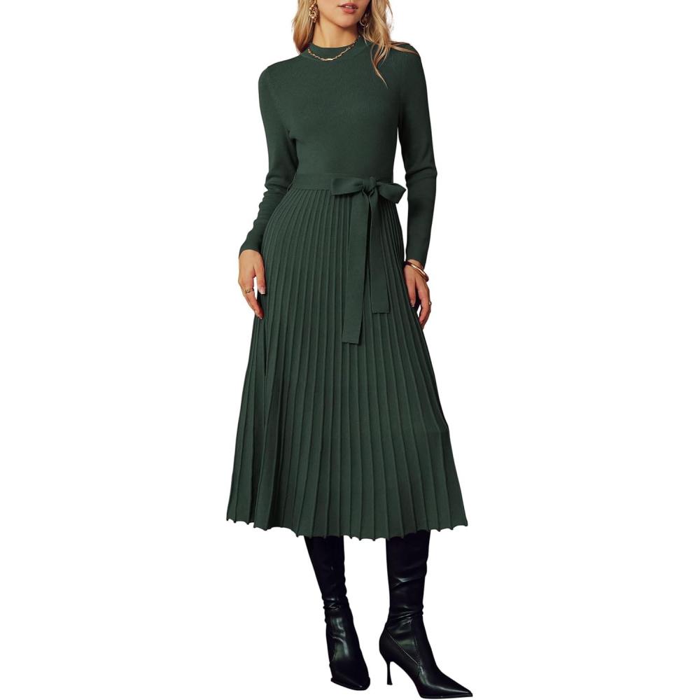 imageArachampCloz Womens Wool Blend Mock Neck Tie Waist Fall Winter Pleated Sweater Dress 2026Green