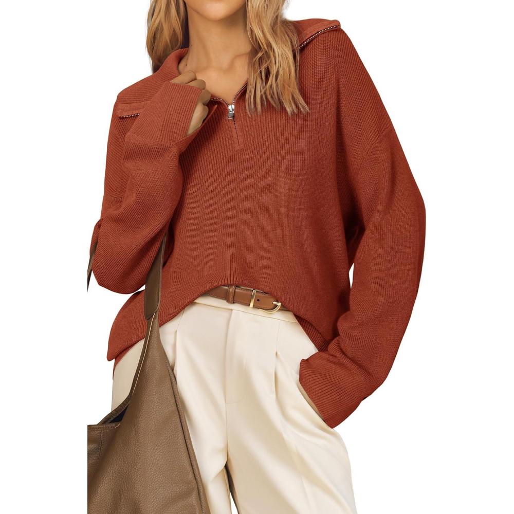 imageArachampCloz Womens Wool Blend Quarter Zip Pullover Sweater Trendy Winter Soft Casual Lapel Oversized Fit TopCaramel