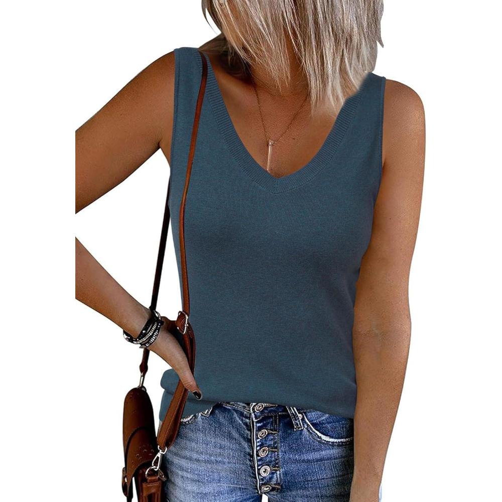imageArachampCloz Womens Wool Blend Sweaters Non See Through Double VNeck AllSeason Tank 2026Dark Blue