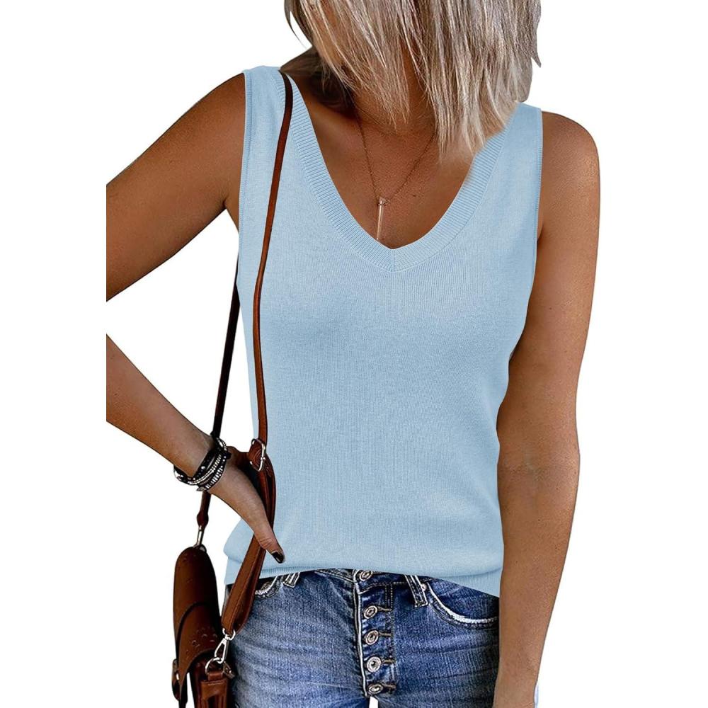 imageArachampCloz Womens Wool Blend Sweaters Non See Through Double VNeck AllSeason Tank 2026Light Blue