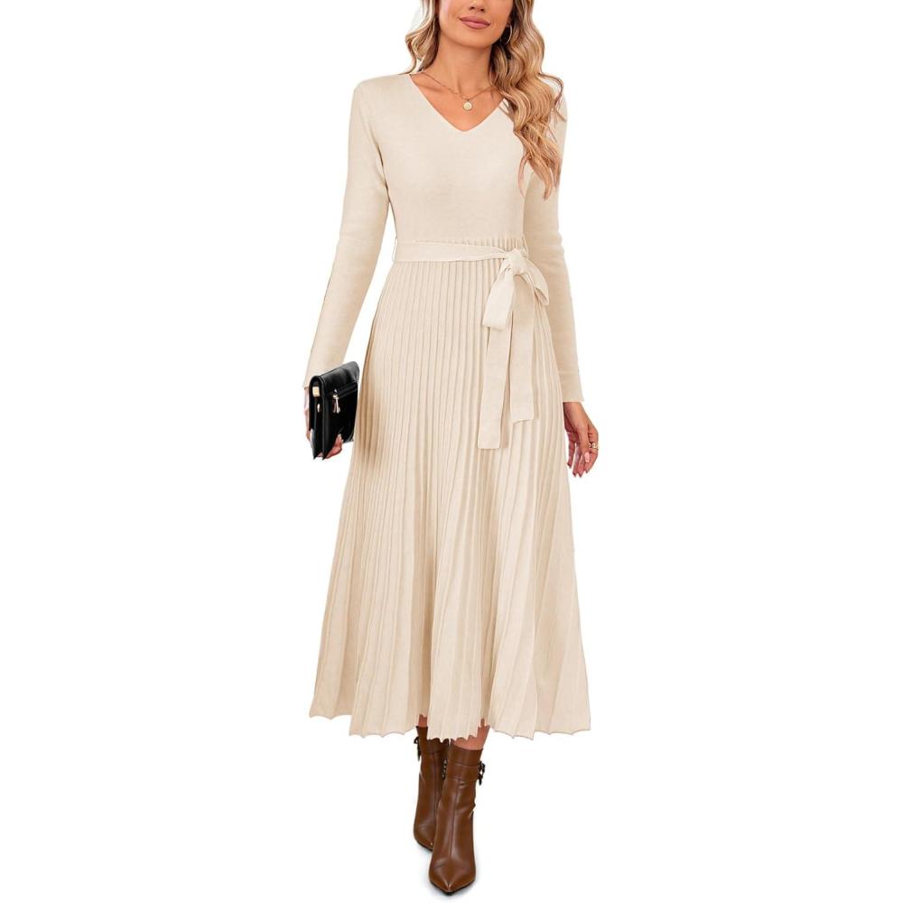 imageArachampCloz Womens Wool Blend Tie Waist Pleated Fall Sweater Dress 2025Beige