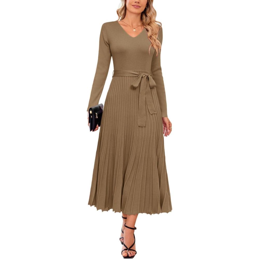 imageArachampCloz Womens Wool Blend Tie Waist Pleated Fall Sweater Dress 2025Camel