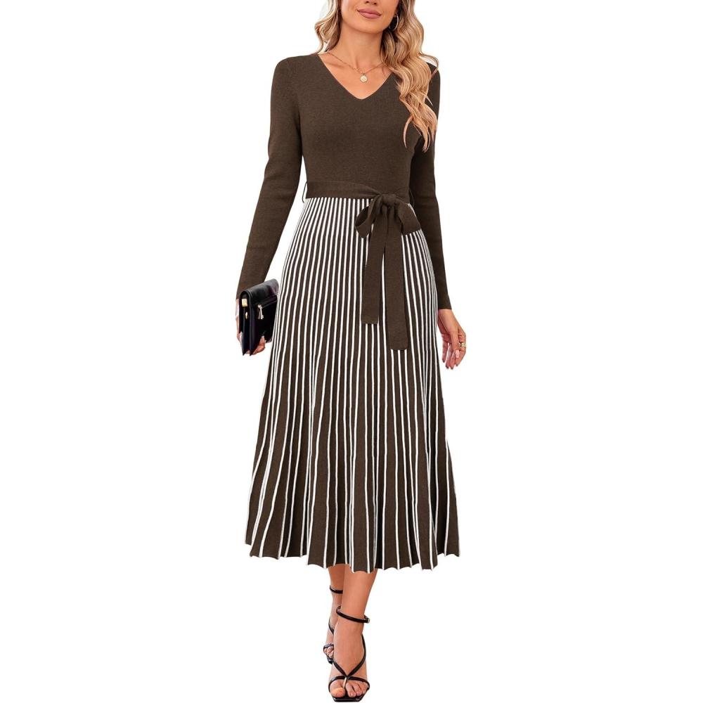 imageArachampCloz Womens Wool Blend Tie Waist Pleated Fall Sweater Dress 2025Coffeewhite Stripe