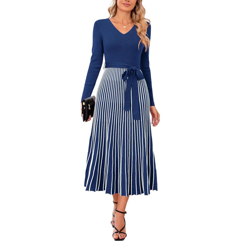 imageArachampCloz Womens Wool Blend Tie Waist Pleated Fall Sweater Dress 2025Navy Bluewhite Stripe
