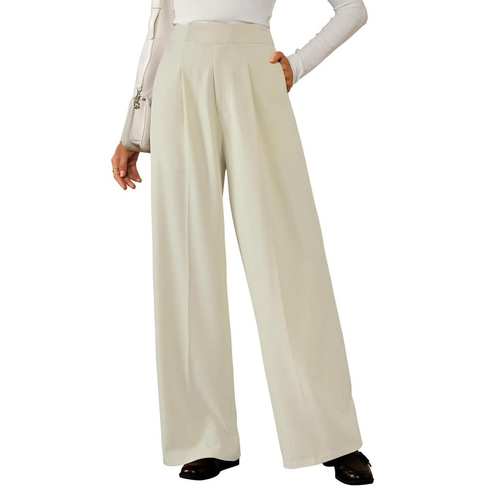 imageArachampCloz Womens WrinkleFree Pleated High Waisted Business Casual Wide Leg Dress Pants 2026Offwhite