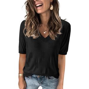Arach&Cloz Women’s Lightweight Fall Sweater Tops Casual Short Sleeve Blouses Shirts(Az-black)