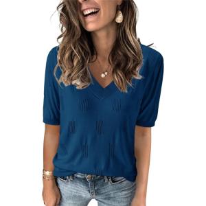 Arach&Cloz Women’s Lightweight Fall Sweater Tops Casual Short Sleeve Blouses Shirts(Az-dark Blue)