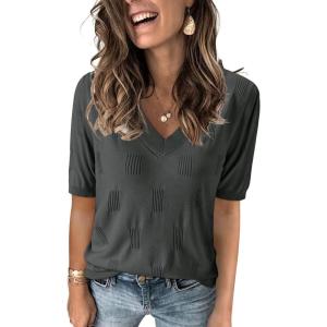 Arach&Cloz Women’s Lightweight Fall Sweater Tops Casual Short Sleeve Blouses Shirts(Az-dark Grey)