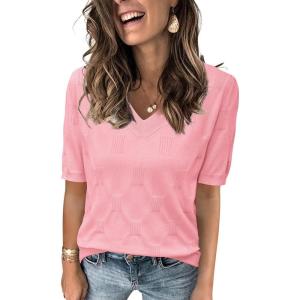 Arach&Cloz Women’s Lightweight Fall Sweater Tops Casual Short Sleeve Blouses Shirts(B-pink)