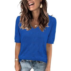Arach&Cloz Women’s Lightweight Fall Sweater Tops Casual Short Sleeve Blouses Shirts(Royal Blue)
