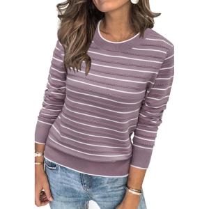 Arach&Cloz Women’s Soft Knit Sweater Fall Dressy Casual Pullover Tops(Striped Purple White)