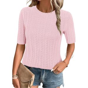 Arach&Cloz Women’s Spring Summer Scalloped Short Sleeve Tops Textured Shirts(Pink 02)