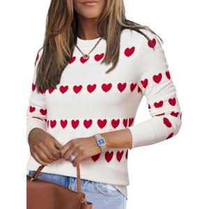 Arach&Cloz Women’s Wool Blend Classic Crew Neck Casual Fall Sweaters(Off-white Red Heart)