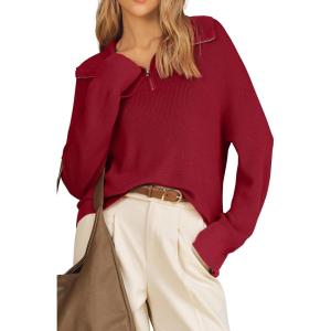 Arach&Cloz Women’s Wool Blend Quarter Zip Pullover Sweater Trendy Winter Soft Casual Lapel Oversized Fit Top(Burgundy)