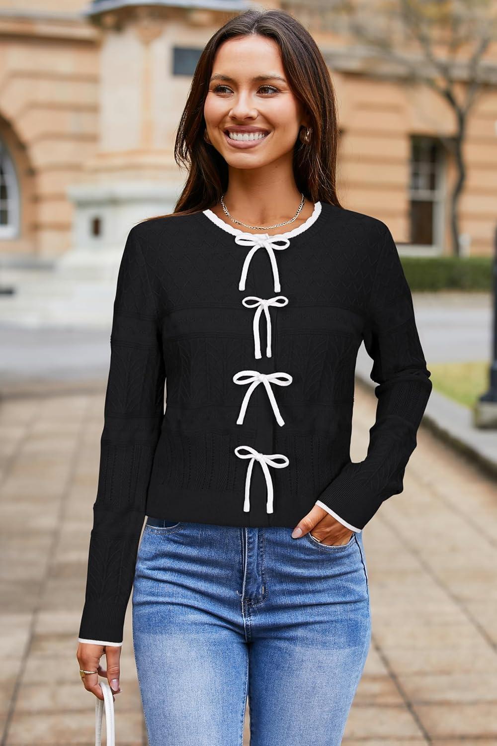 imageArachampCloz Womens Bow Sweaters Spring Color Block Casual Cardigan Sweaters 2026Blackwhite