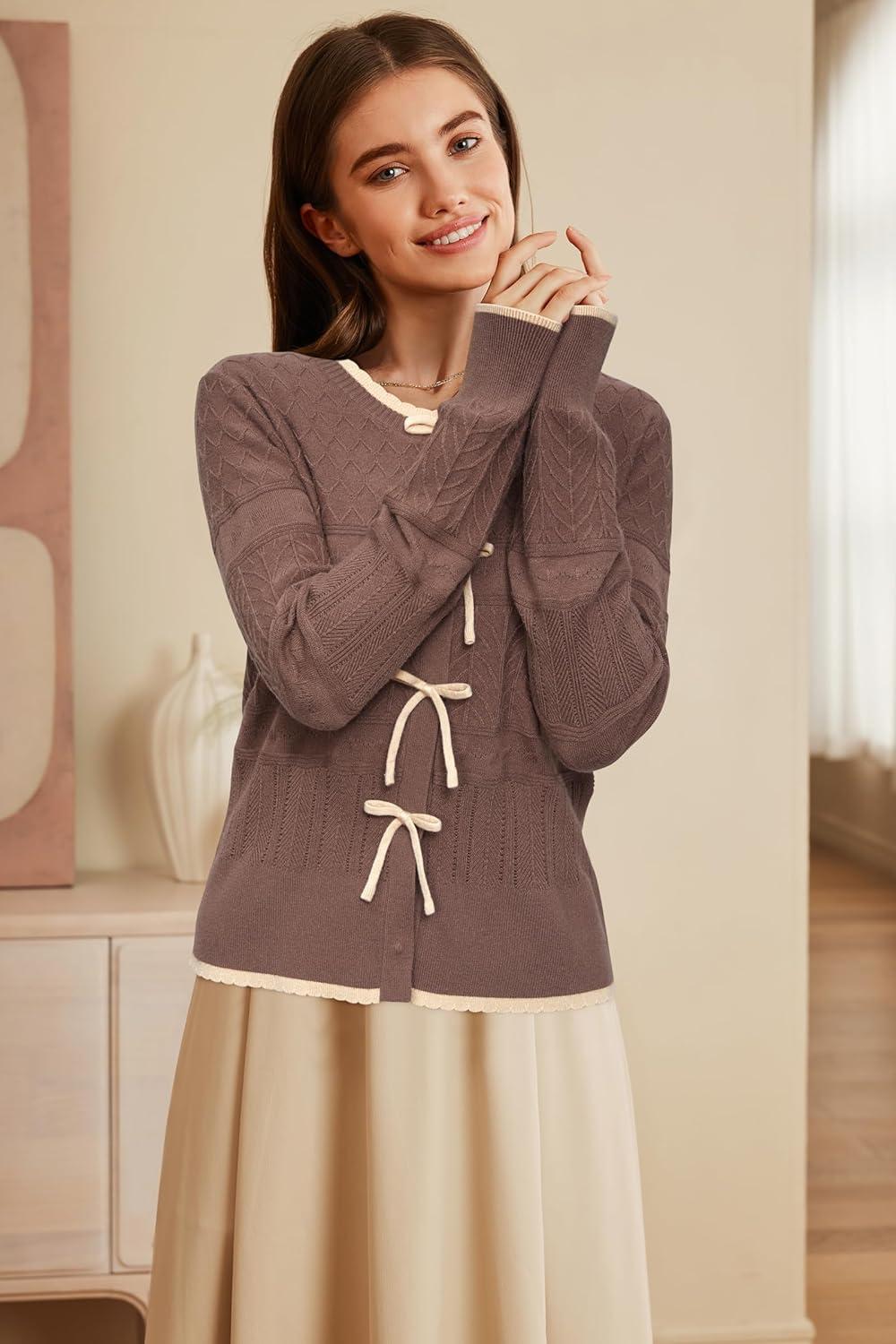 imageArachampCloz Womens Bow Sweaters Spring Color Block Casual Cardigan Sweaters 2026Coffeeapricot