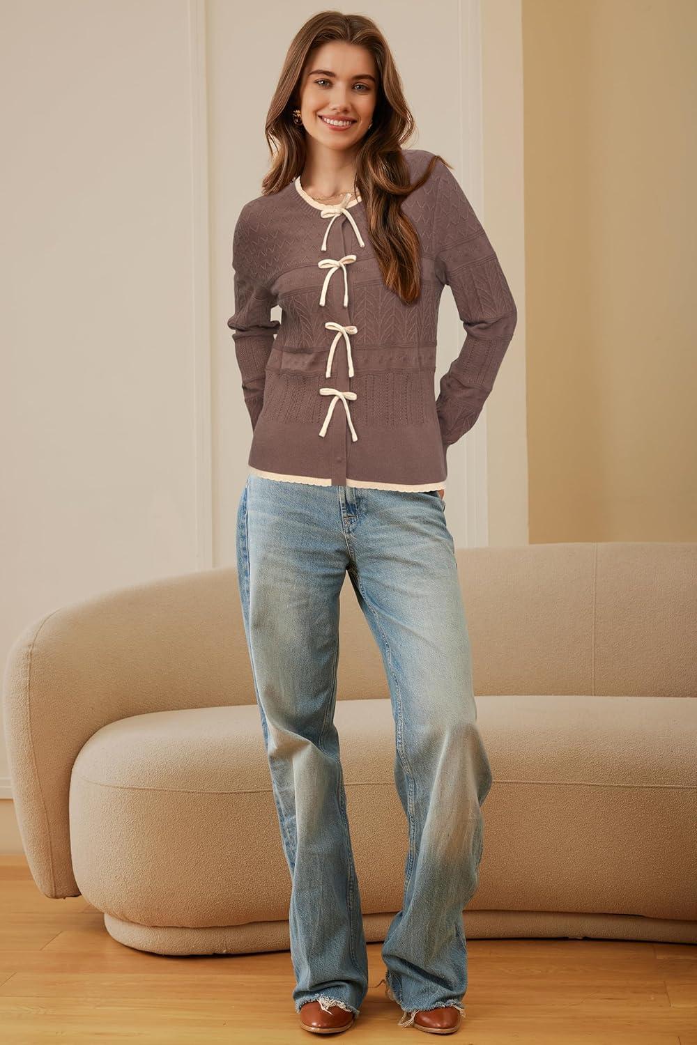 imageArachampCloz Womens Bow Sweaters Spring Color Block Casual Cardigan Sweaters 2026Coffeeapricot
