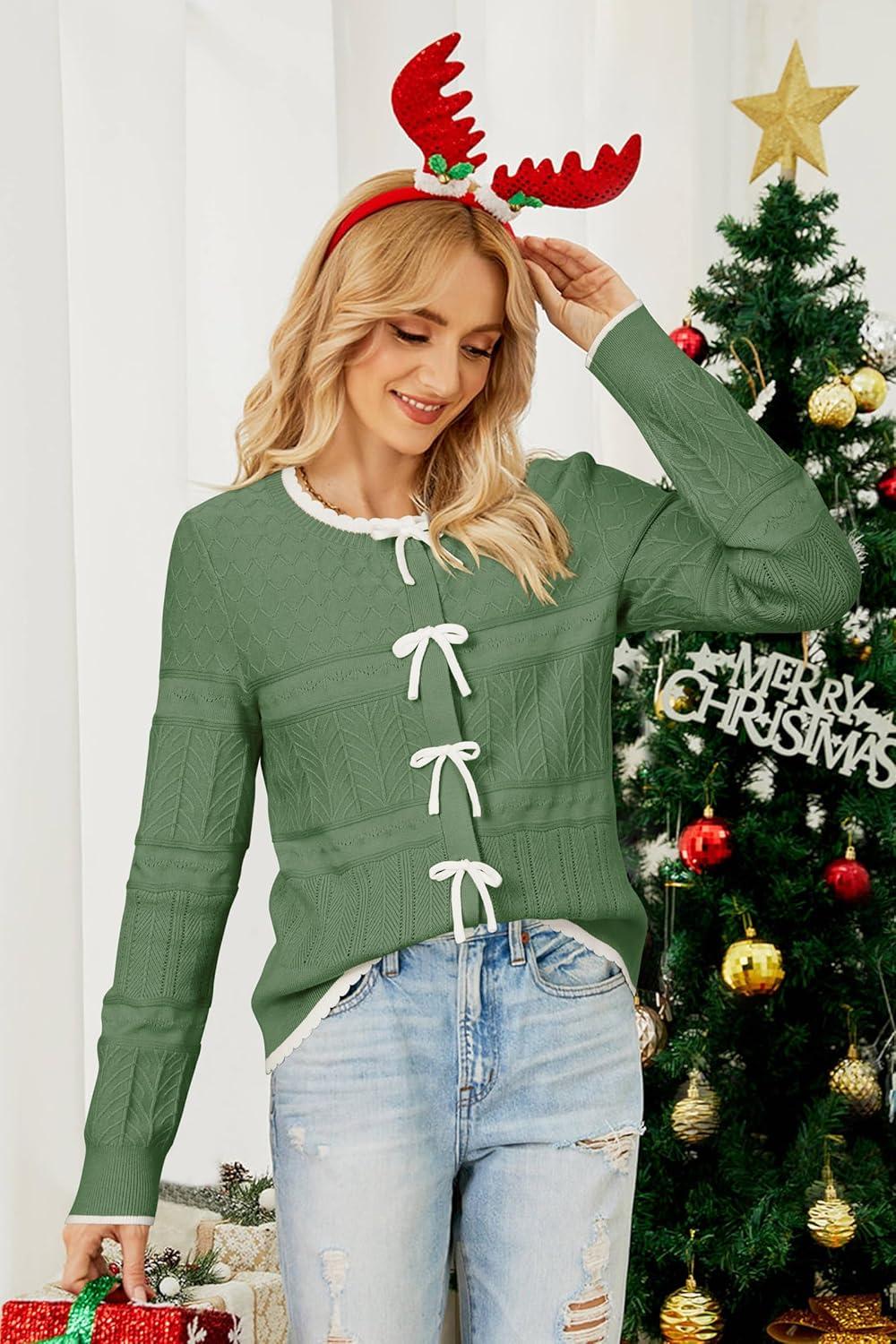 imageArachampCloz Womens Bow Sweaters Spring Color Block Casual Cardigan Sweaters 2026Dark Greenapricot
