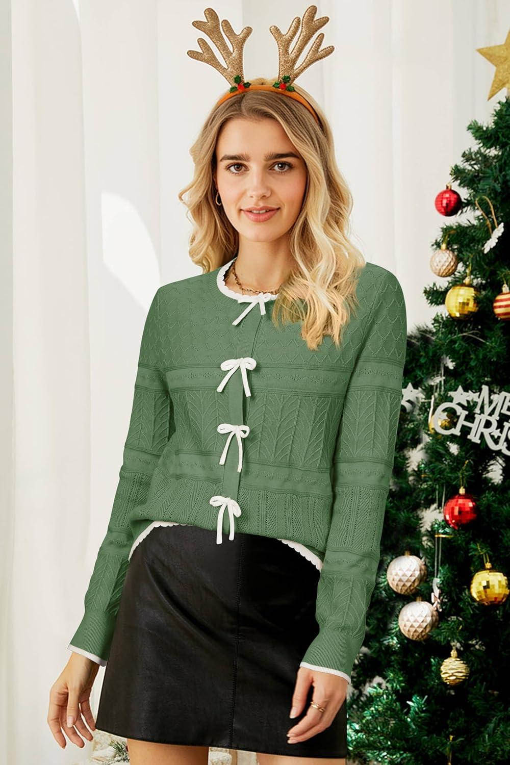 imageArachampCloz Womens Bow Sweaters Spring Color Block Casual Cardigan Sweaters 2026Dark Greenapricot