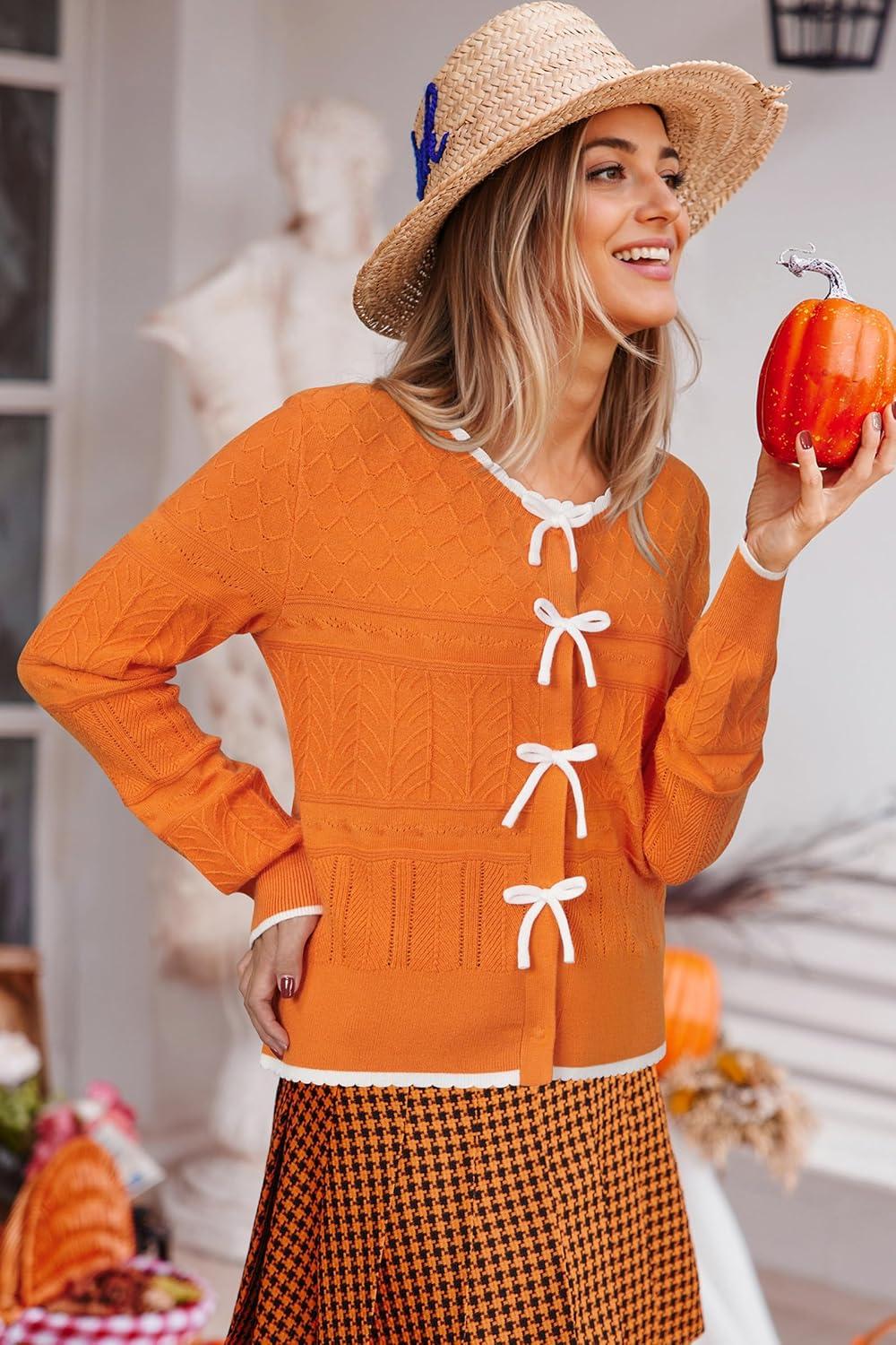 imageArachampCloz Womens Bow Sweaters Spring Color Block Casual Cardigan Sweaters 2026Orangewhite