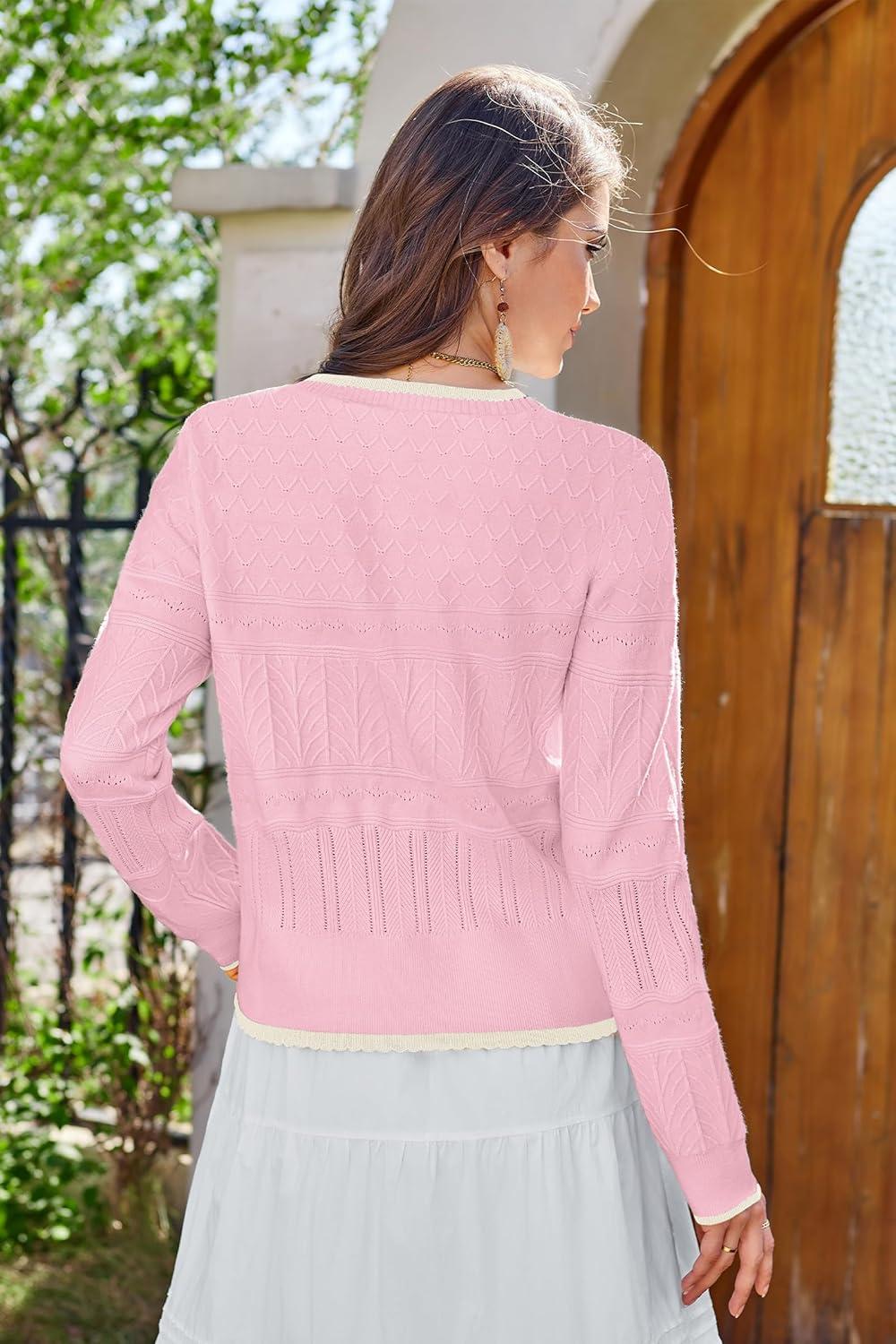 imageArachampCloz Womens Bow Sweaters Spring Color Block Casual Cardigan Sweaters 2026Pinkwhite