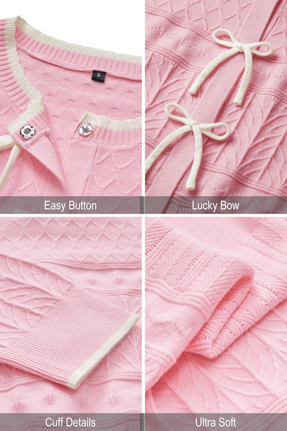 imageArachampCloz Womens Bow Sweaters Spring Color Block Casual Cardigan Sweaters 2026Pinkwhite