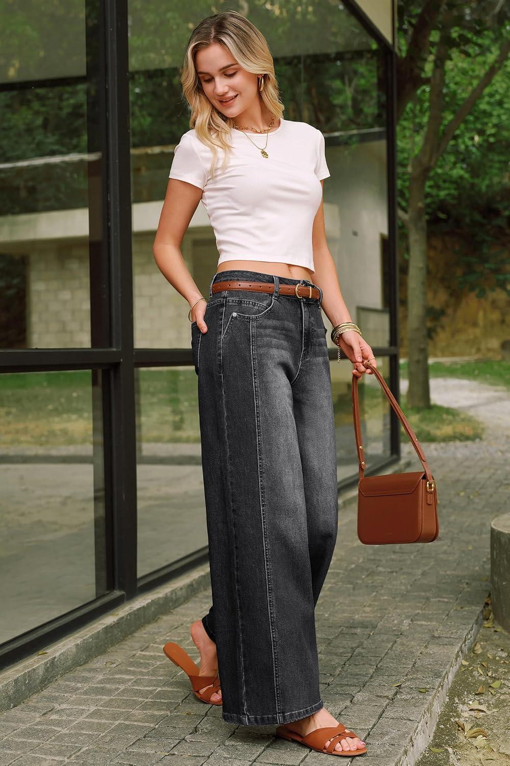 imageArachampCloz Womens Cotton Contrast Waistband Wide Leg Stretchy Denim Jeans 2026Black