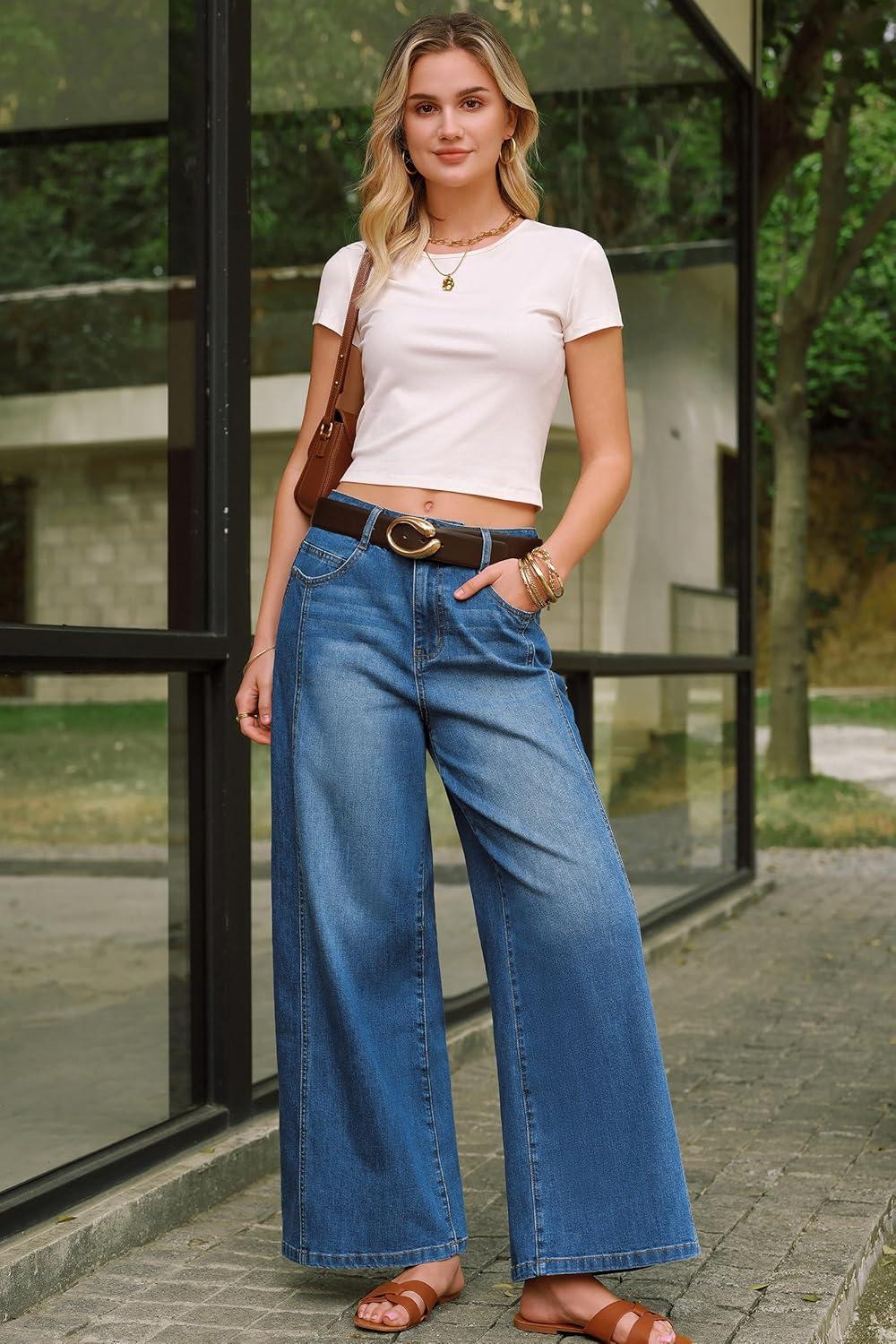 imageArachampCloz Womens Cotton Contrast Waistband Wide Leg Stretchy Denim Jeans 2026Blue