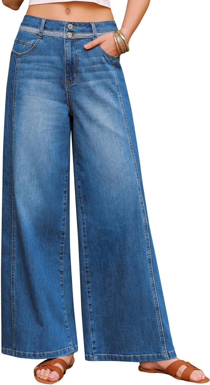 imageArachampCloz Womens Cotton Contrast Waistband Wide Leg Stretchy Denim Jeans 2026Blue