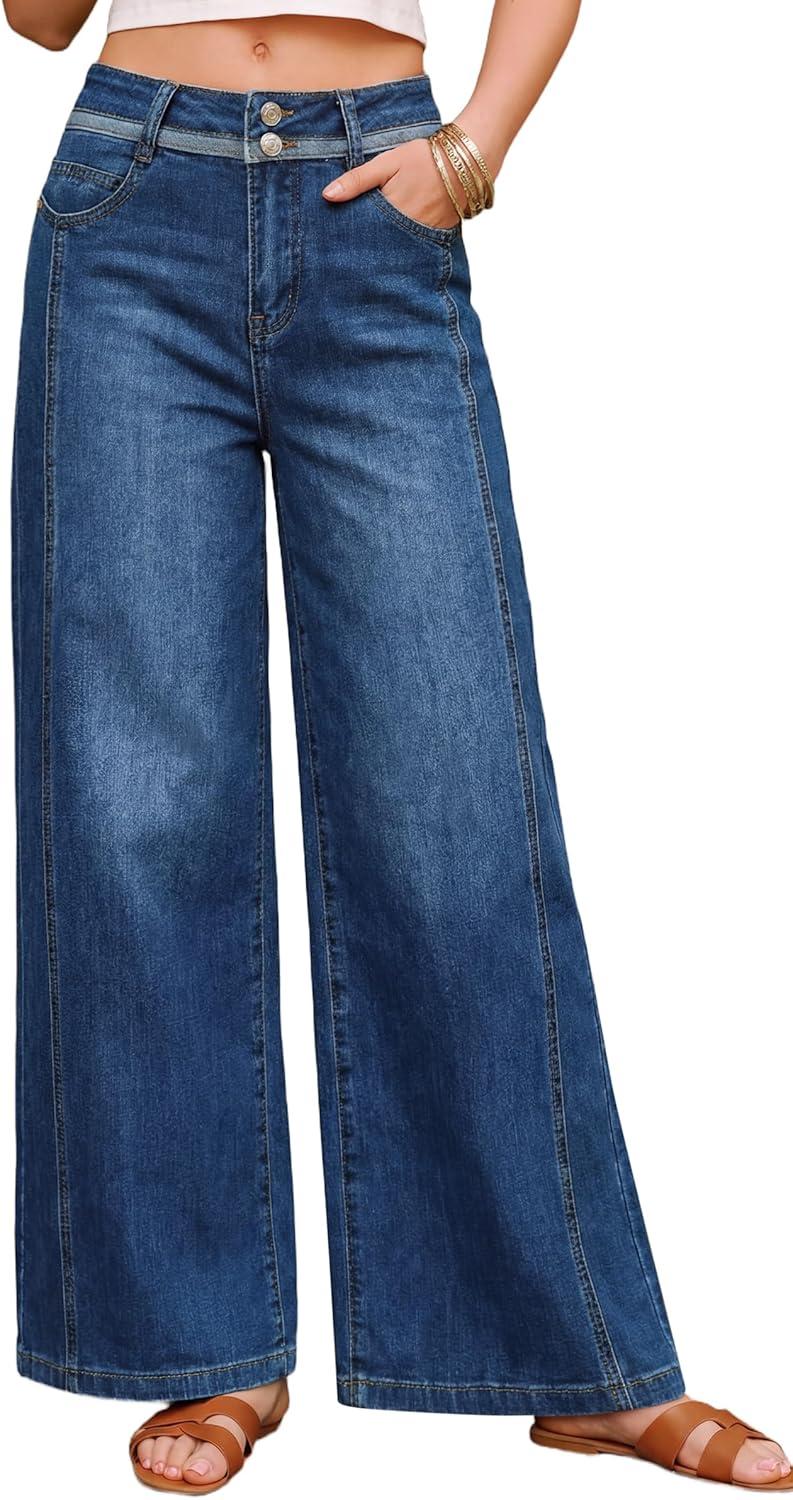 imageArachampCloz Womens Cotton Contrast Waistband Wide Leg Stretchy Denim Jeans 2026Dark Blue