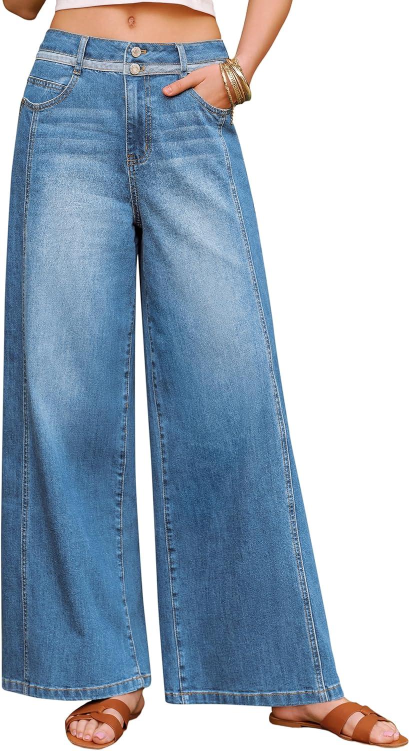imageArachampCloz Womens Cotton Contrast Waistband Wide Leg Stretchy Denim Jeans 2026Light Blue